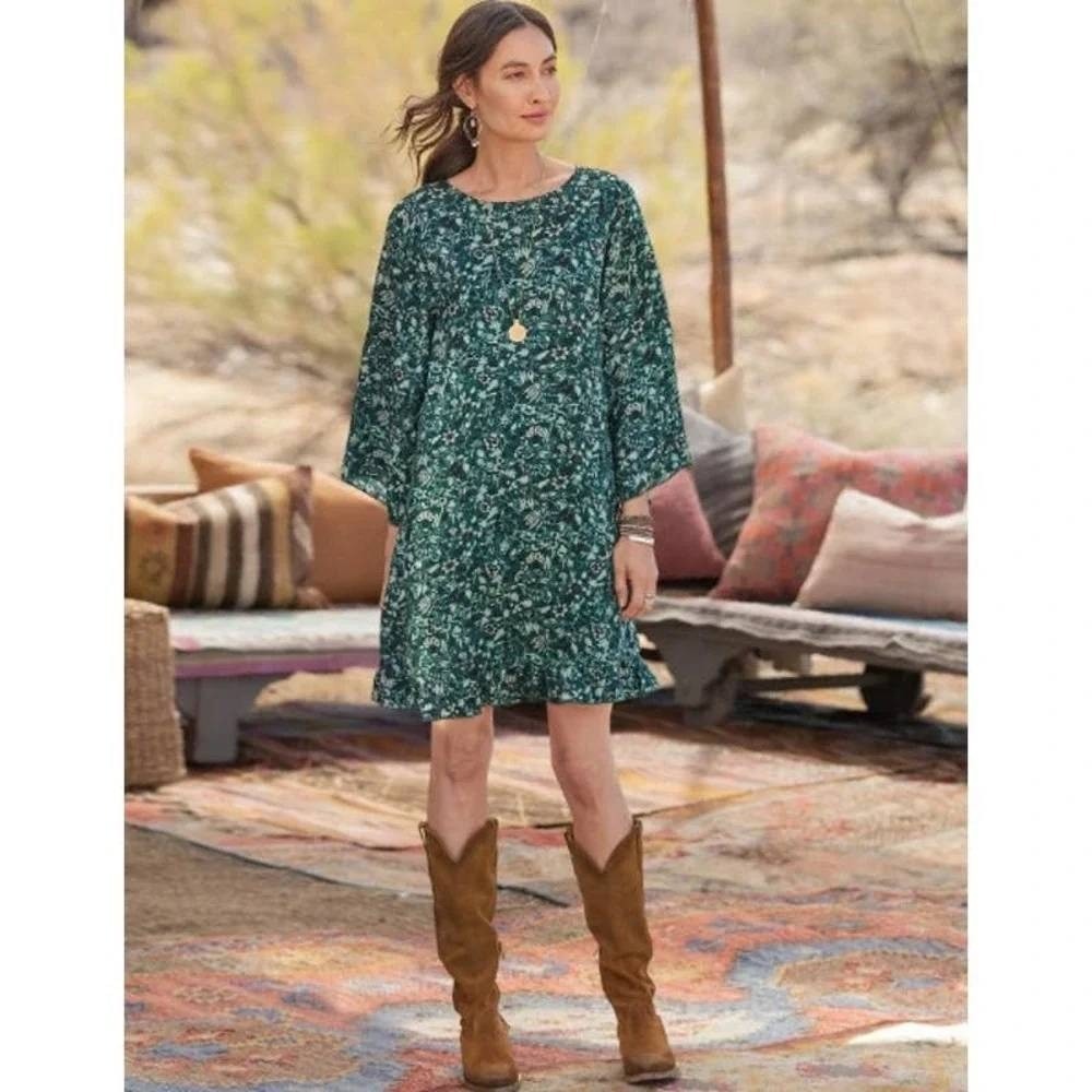 Sundance OTILLIE Floral Dress Women L JADE Bell Sleeve Ruffle Boho Botanical